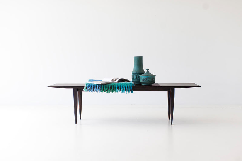 Modern slatted ziricote bench, front view