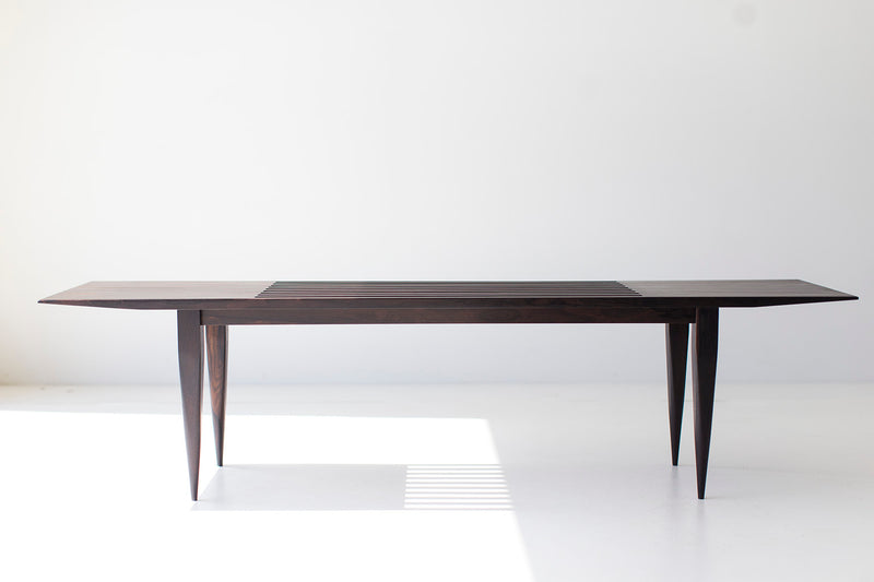 Craft Associates slatted bench in a mid-century modern entryway