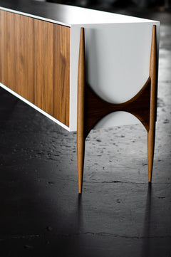 Modern luxury teak Cambre credenza shown with its cabinet doors open