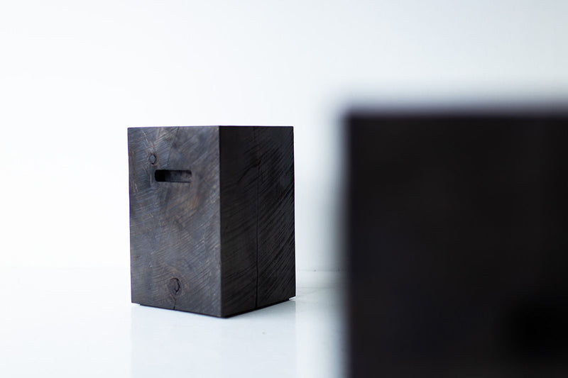 Modern wood side table with cutouts made from a solid maple stump