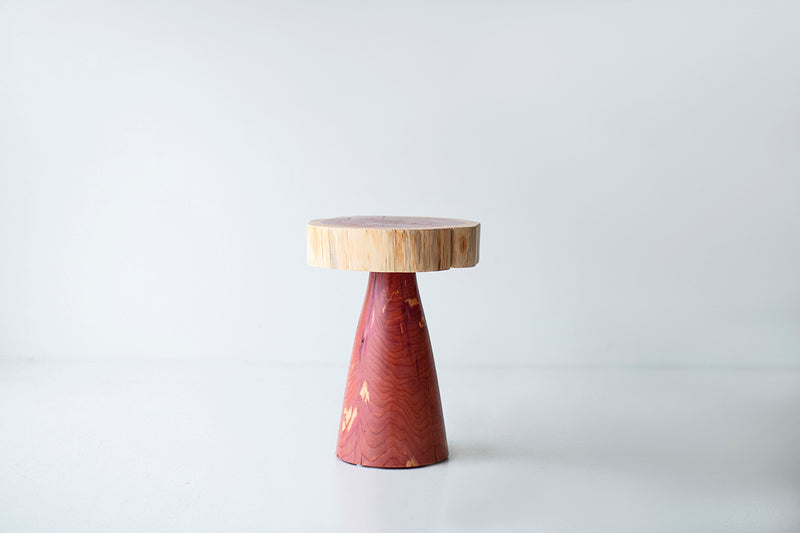 Solid red cedar tree stump side table with a natural whitewash finish
