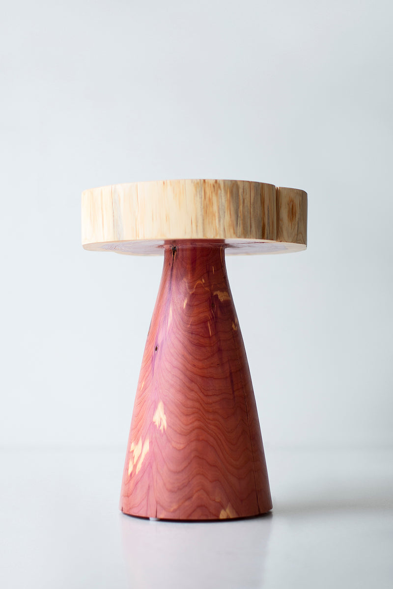 Group of red cedar Summit side tables in varying heights styled together