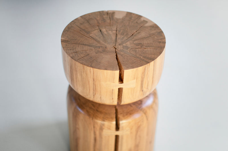 Detail shot of the bark edge on a solid maple counter stool