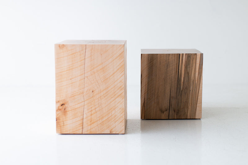 Two natural maple block end tables, front view