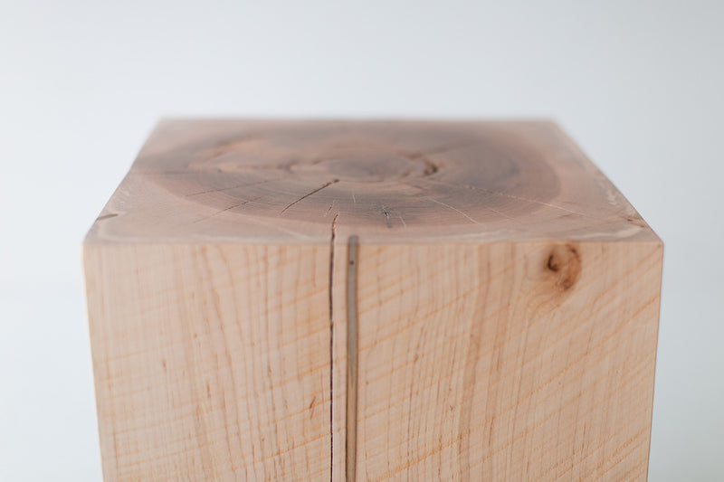 Natural maple block end table, close view of the top