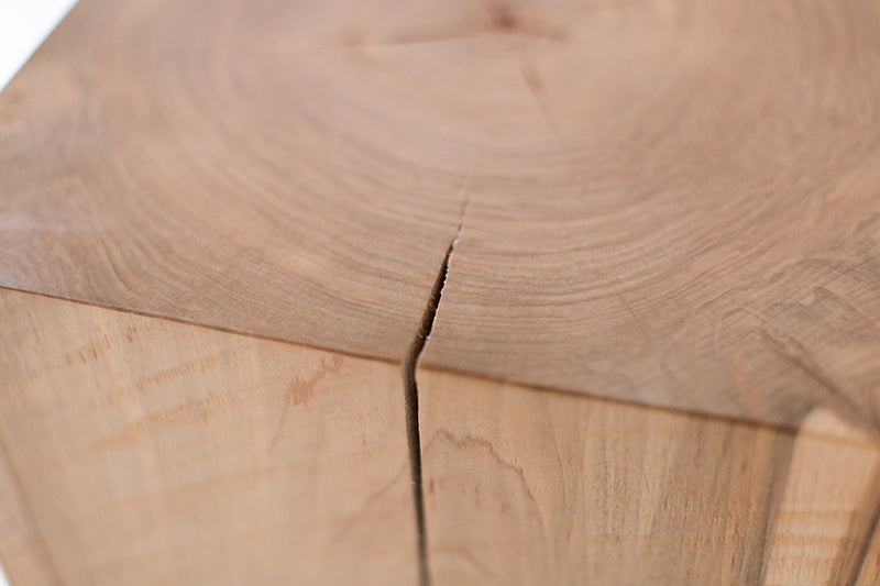 Close-up of the end grain and crack on a natural maple block top