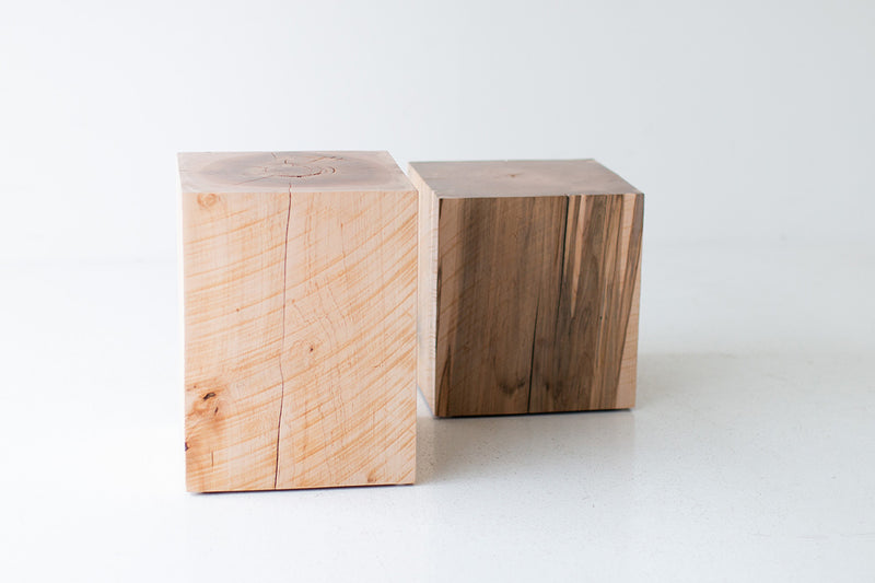 Two natural maple block end tables, angled view