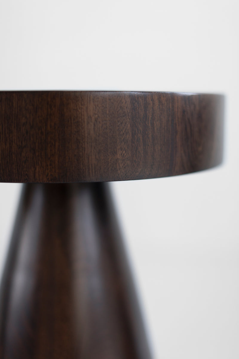 Close-up of the commercial-grade finish on the Outdoor Boca stool's exterior walnut surface.