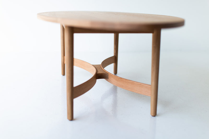 Angled view of the coffee table and its tapered legs