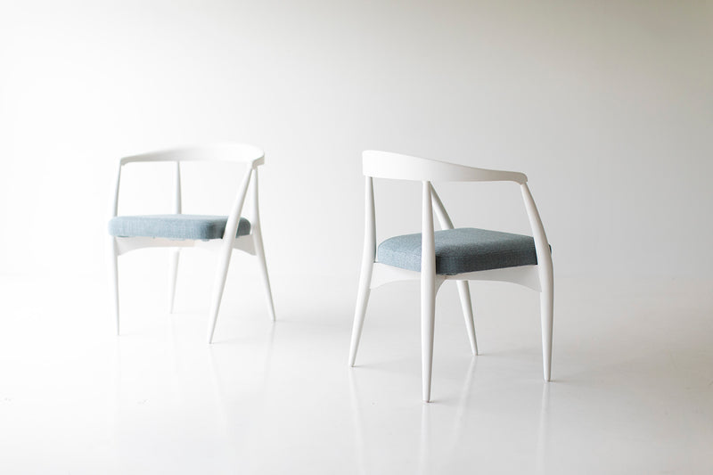 Modern luxury Lawrence Peabody dining armchair in white lacquered maple, front view