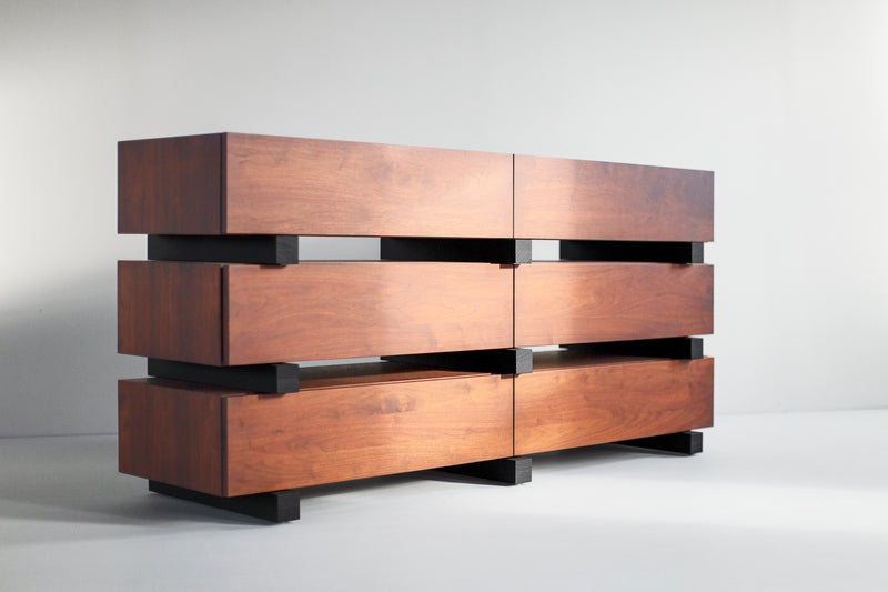 Modern luxury walnut Santa Fe dresser by Bertu Home with horizontal plank drawers
