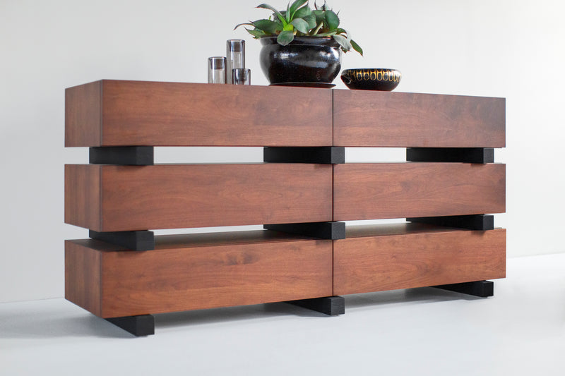 Modern luxury Santa Fe walnut dresser styled with a mirror above