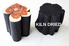 Organic modern shou sugi ban burned black stump table, front view