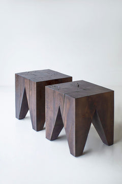 Angled view of a maple side table showing its hand sawed edges