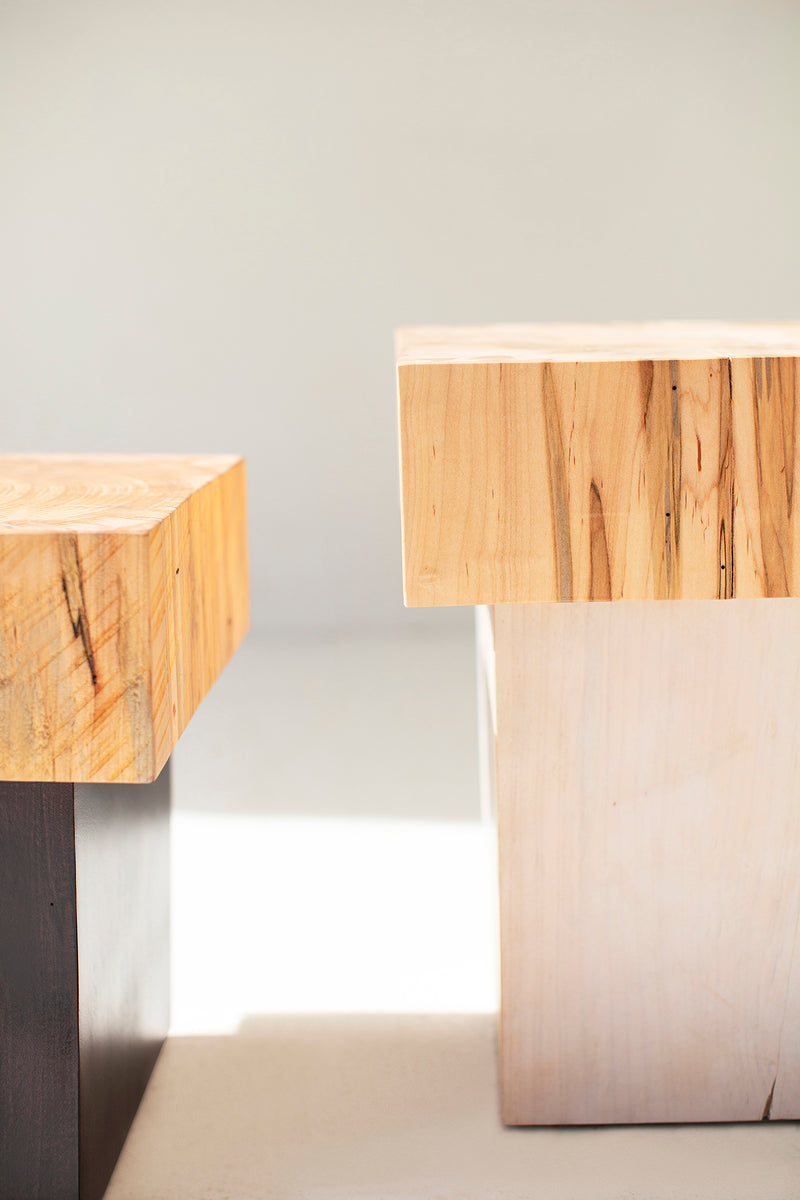 Detail shot of the bark edge on a solid maple side table