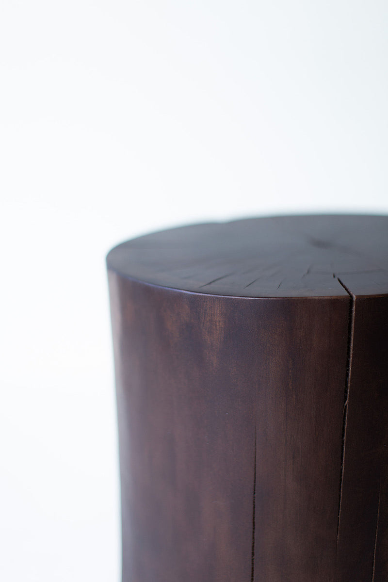 Overhead view of the stump table's round walnut top