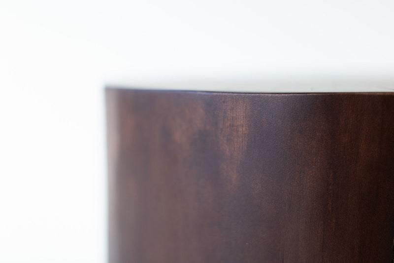 Close-up of the commercial grade finish on the solid walnut stump table