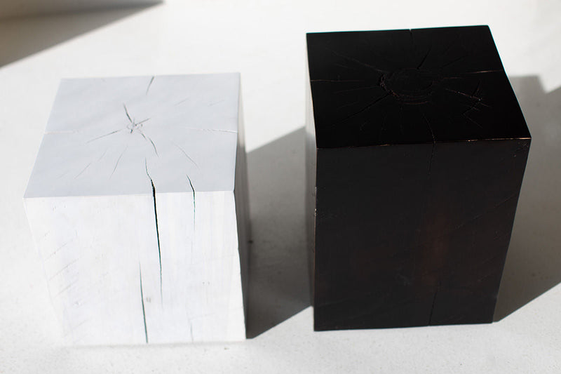 Whitewash and black maple block end tables side by side
