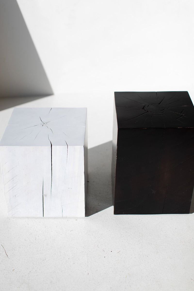 Whitewash and black maple block end tables, front view