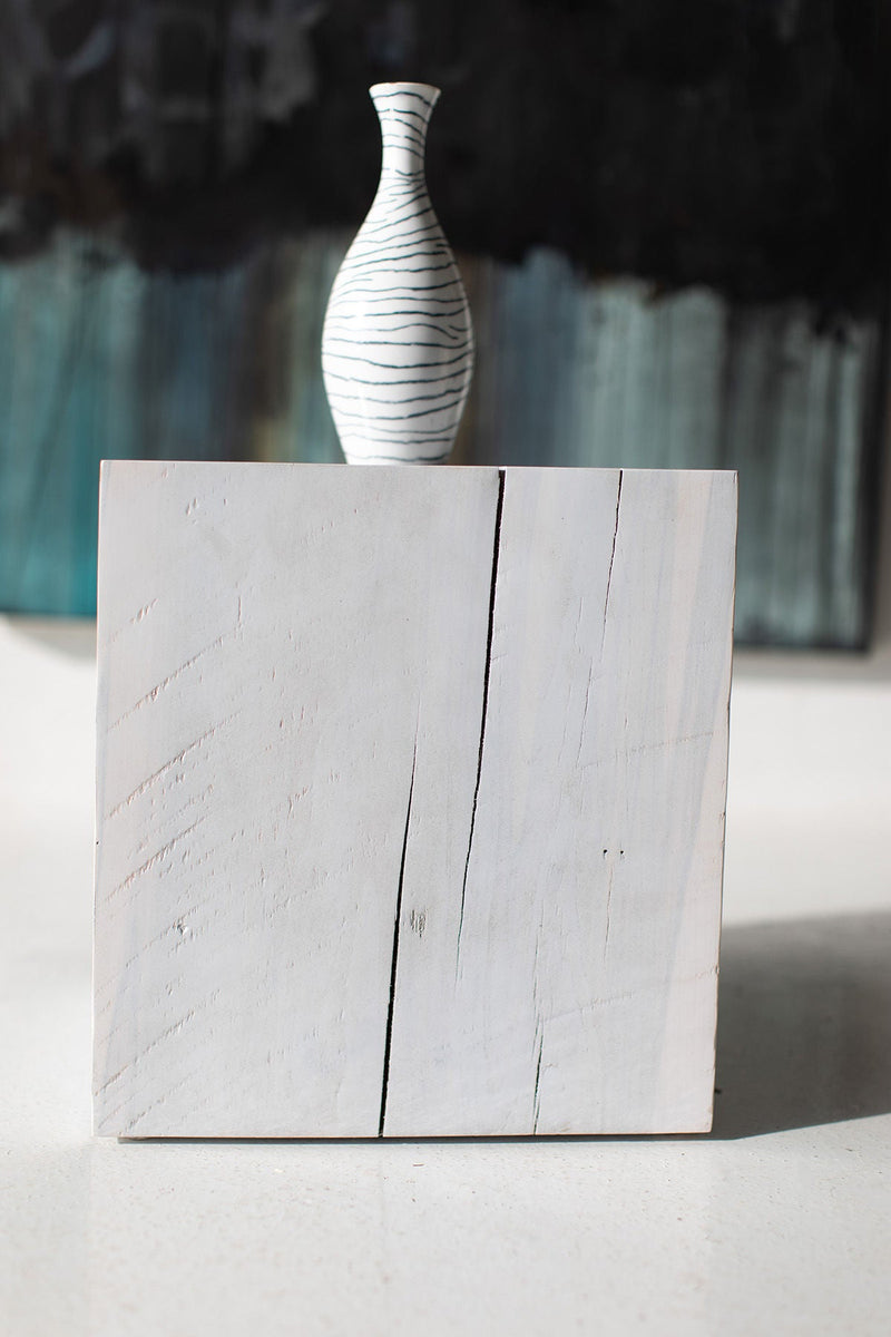 Whitewash maple block end table, front view