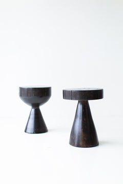 Detail of a bowtie inlay on the Boca Dos stool's maple seat