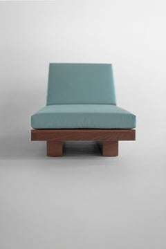 Back view of the Suelo outdoor chaise lounge, handmade in Ohio from solid mahogany.