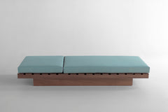 Close-up of the joinery and craftsmanship on the Suelo chaise lounge frame.