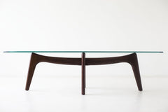 Surf modern walnut coffee table with glass top, front view