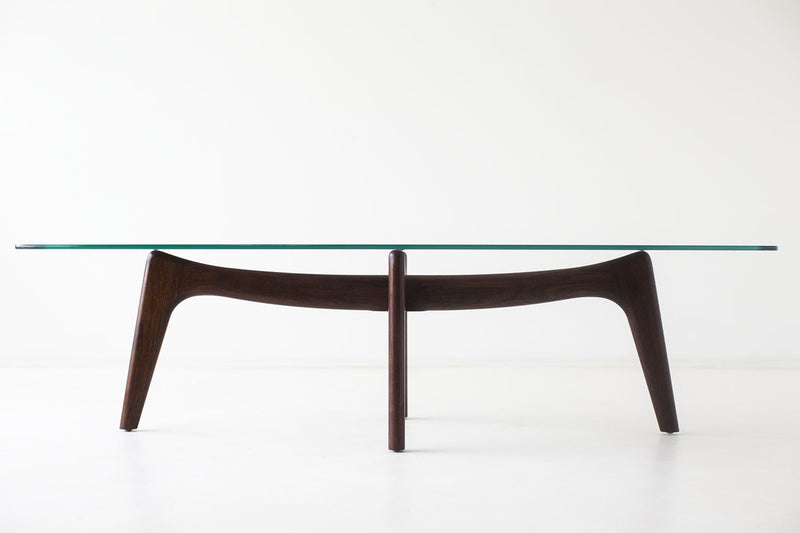 Surf modern walnut coffee table with glass top, front view