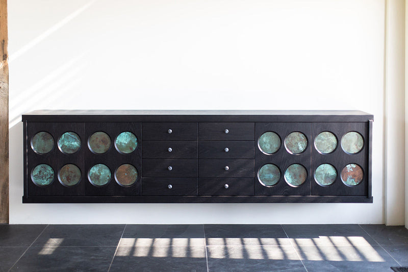 Modern luxury Toussaint oak credenza with copper accents and pulls, front view