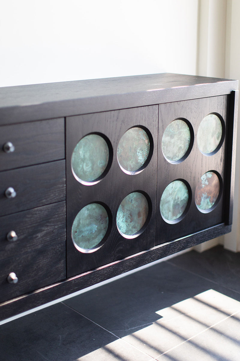 Close-up of the solid copper drawer pulls