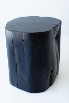 Overhead view of the tree stump table's round top showing natural growth rings