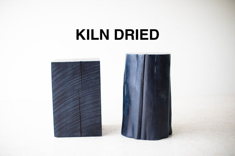 Tree stump table in denim blue, front view