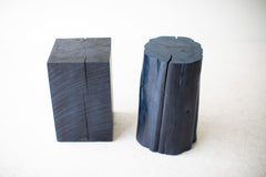 Side profile of the denim blue tree stump table