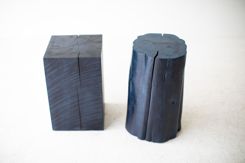 Side profile of the denim blue tree stump table