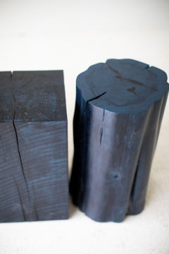 Denim blue stumps grouped together as a coffee table