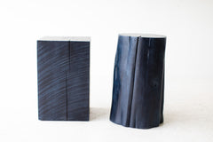 Denim blue red cedar stump (right) beside a square maple stump