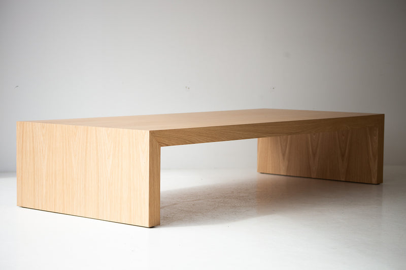 Waterfall coffee table in white oak veneer, front view