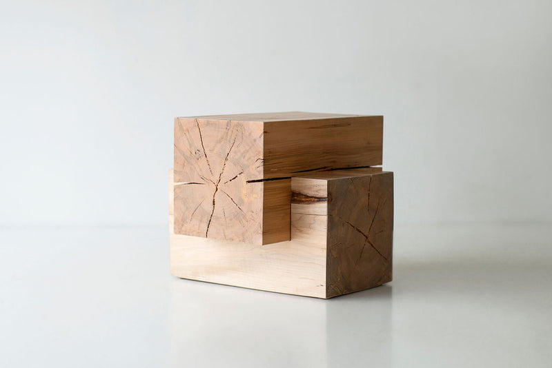 Solid maple stump end table with an angular Tetris-inspired shape