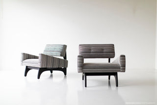 Canadian chair with dark walnut finish, pair of modern lounge chairs in striped upholstery