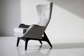 Modern luxury Craft Associates small wing chair 1410 in a dark walnut finish with pale grey upholstery