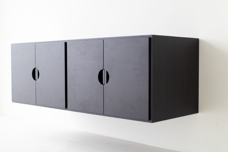 Modern luxury walnut floating storage cabinet by Bertu Home, Cali Collection, front view