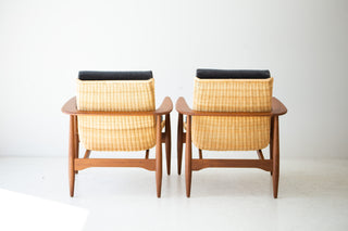 Lawrence Peabody 1806P wicker lounge chairs in matte teak, rear view showing the hand-woven wicker backs
