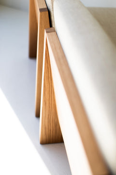 Overhead view of the seat cushion on the oak chair