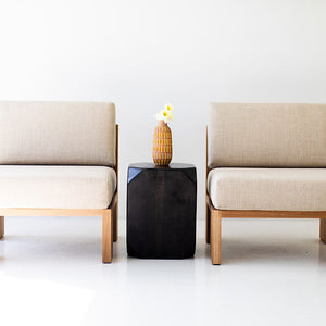may include - modern luxury oak lounge chair with minimalist design, featuring clean lines and simple sleek shape. Chair sits in a clean white room with white floors. The overall aesthetic is modern. 10