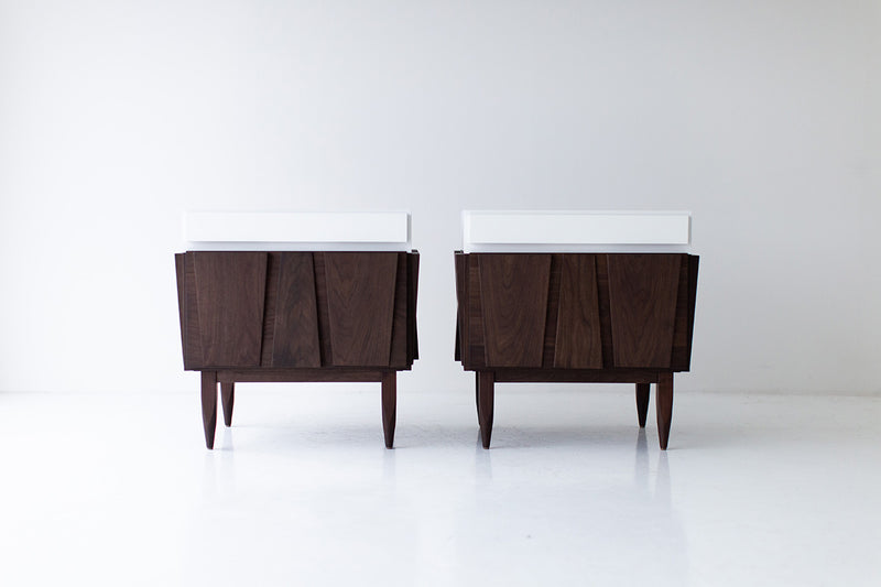 Modern luxury walnut nightstand from the Eiger Collection by Craft Associates, front view