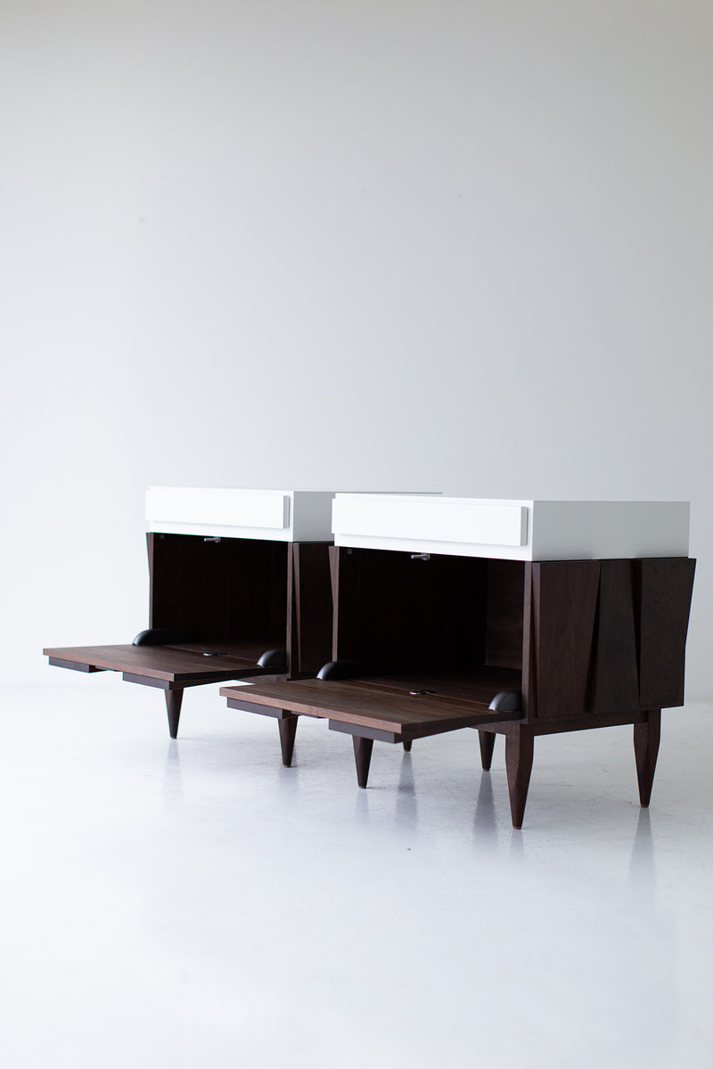 Modern luxury walnut nightstand styled beside a bed