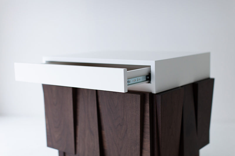 Side profile of the Eiger nightstand showing its square proportions