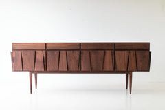 Modern luxury walnut credenza by Craft Associates®, long low Eiger design shown from the front