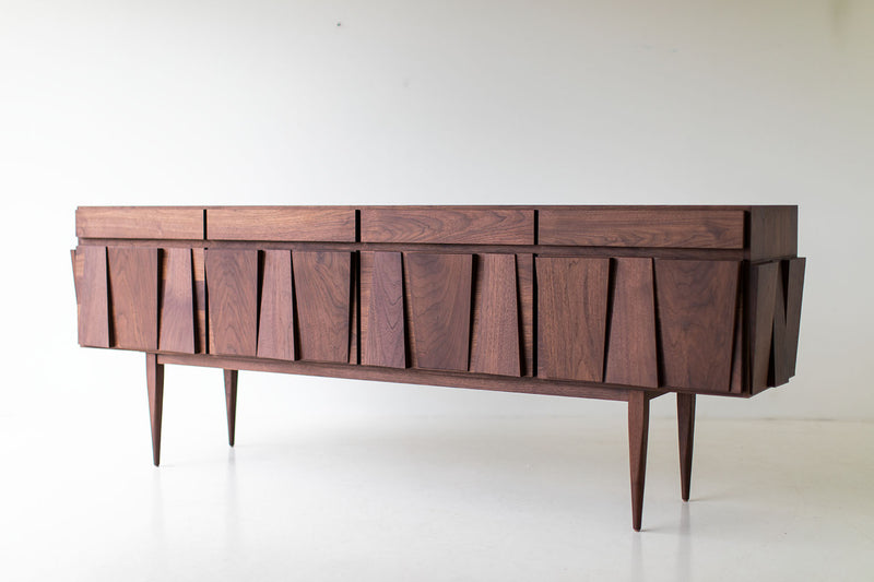 Side profile of the modern luxury walnut Eiger credenza by Craft Associates®